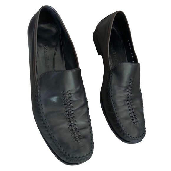 Cole Haan Black Leather Loafers Woven Stitching Detail Slip-On Soft Leather - Picture 1 of 6